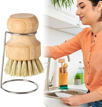 Kitchen Brush, Scrubber Cleaner with Wooden Handle and Drain Rack, Dish Scrubber for Sink Pots Pans Shower Bathroom Grout Tile Washing