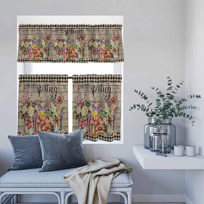 Spring Flowers Kitchen Curtain Set, Farmhouse Vintage Black Plaid Wood Grain Window Valance and Tiers 24" Length, Light Filtering Short Curtains Valance for Cafe Bathroom Bedroom 54"x18"
