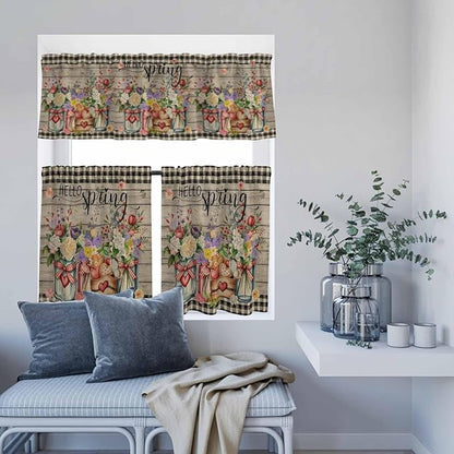 Spring Flowers Kitchen Curtain Set, Farmhouse Vintage Black Plaid Wood Grain Window Valance and Tiers 24" Length, Light Filtering Short Curtains Valance for Cafe Bathroom Bedroom 54"x18"