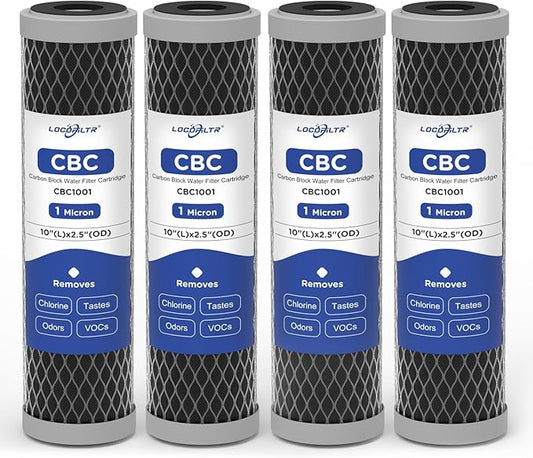 1 Micron 10" x 2.5" Whole House CTO Carbon Block Water Filter Cartridge Replacement for CBC-10, CB1-10, CBR2-10, CB3, CB1, FX12P, FXULC, FXUVC, WHKF-DB1, SMCB-2510, CBSM-2510, MAXVOC-975RV (Pack of 4)