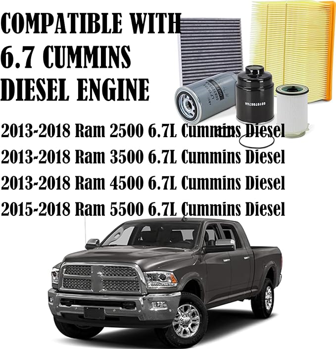 6.7 Cummins Diesel Filters Kit Compatible with 2013-2018 Ram 2500 3500 4500 5500 6.7L Cummins Diesel Oil Fue Engine Cabin Air Separator Filtration 5083285AA 53034051AB 68406048AA 68157291AA 68197867AA