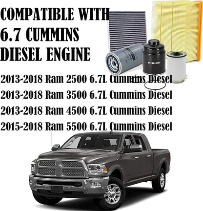 6.7 Cummins Diesel Filters Kit Compatible with 2013-2018 Ram 2500 3500 4500 5500 6.7L Cummins Diesel Oil Fue Engine Cabin Air Separator Filtration 5083285AA 53034051AB 68406048AA 68157291AA 68197867AA