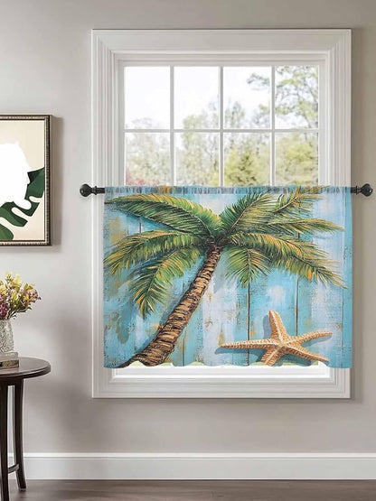 Sheer Curtains 54 Inch Length, Coastal Beach Tree Semi Sheer Curtains Light Filtering Window Treatment, Summer Tropical Starfish Wood Grain Privacy Voile Drapes for Living Room Bedroom 52x54 Inch