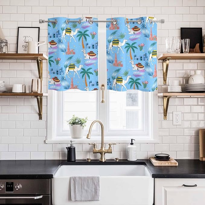 2 Panel Kitchen Cafe Curtains, Desert Landscape Sunlight Filtering Nature Air Through, Home Decor Window Covering Tier Curtains for Living Room 55W x 39L inch Cute Camels Palm Trees Houses Leaves Blue
