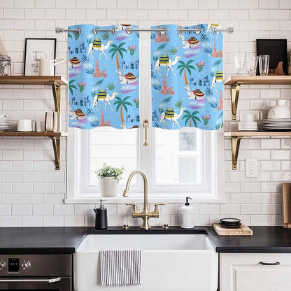 2 Panel Kitchen Cafe Curtains, Desert Landscape Sunlight Filtering Nature Air Through, Home Decor Window Covering Tier Curtains for Living Room 55W x 39L inch Cute Camels Palm Trees Houses Leaves Blue