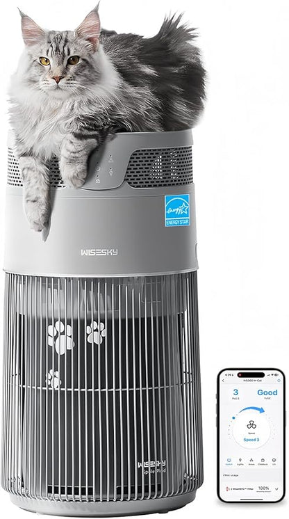 WiseSky Pet Air Purifier for Cat Owners, High-Efficiency Air Purifier for Cat Hair Dander Smoke Litter Odor in Large 1644 Sq Ft Room, 360° HEPA Filtration, Smart App, Quiet Pet-Friendly Design, Grey