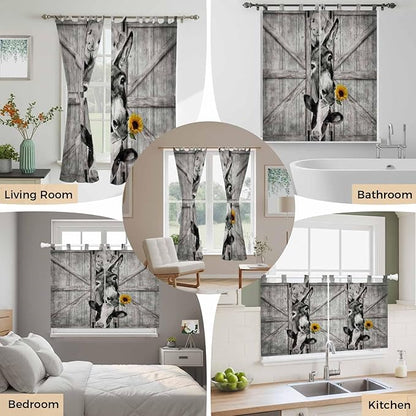 Funny Farm Animals Kitchen Curtains 24 Inch Length, Small Window Curtains Tab Top, Vintage Barn Grey Sunflowers Light Filtering Short Window Treatments Tier Drapes 27.5"x24" 2 Panel