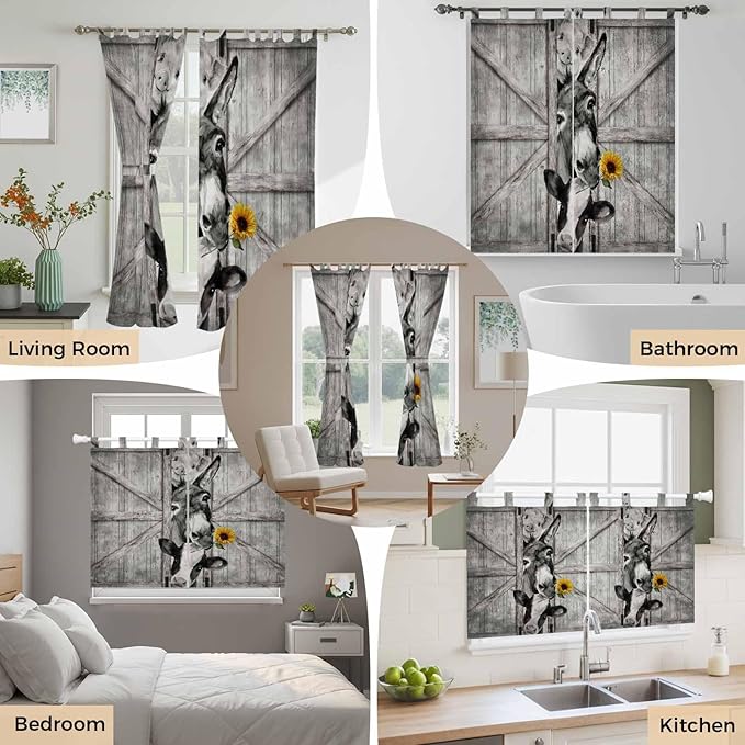 Funny Farm Animals Living Room Curtains 84 Inch Length, Window Curtains Tab Top, Vintage Barn Grey Sunflowers Light Filtering Window Treatments Drapes 42"x84" 2 Panel