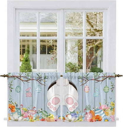 Easter Kitchen Tier Curtains 36 Inch Long 2 Panel Set,Rod Pocket Half Window Curtains Over Sink,Spring Watercolor Bunny Eggs Flower Wood Grain Blue Light Filtering Short Drapes Cafe 27.5"W x 36"L