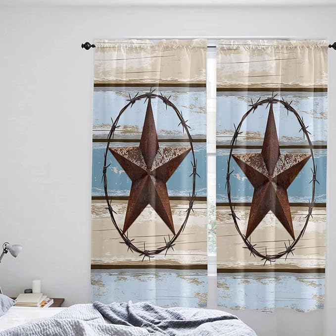 Vintage Western Star on Wood Grain Window Valance Curtains, Retro Wooden Texture Light Filtering Kitchen Valance with 3-inch Rod Pocket for Living Room Bathroom Bedroom,2 Panel,52x72In