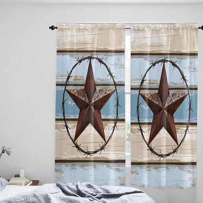 Vintage Western Star on Wood Grain Window Valance Curtains, Retro Wooden Texture Light Filtering Kitchen Valance with 3-inch Rod Pocket for Living Room Bathroom Bedroom,2 Panel,52x72In