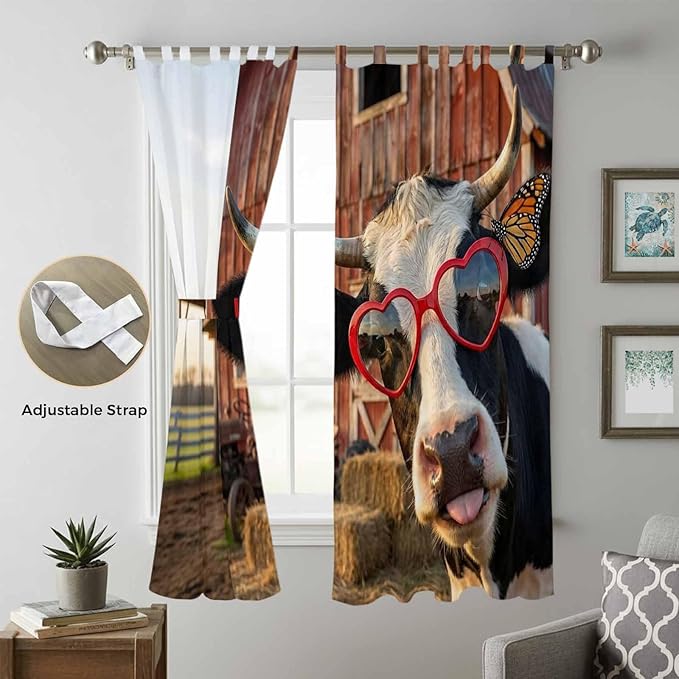 Farm Cows Living Room Curtains 96 Inch Length, Window Curtains Tab Top, Farmhouse Barn Funny Animals Butterfly Light Filtering Window Treatments Drapes 52"x96" 2 Panel