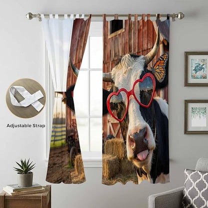 Farm Cows Living Room Curtains 96 Inch Length, Window Curtains Tab Top, Farmhouse Barn Funny Animals Butterfly Light Filtering Window Treatments Drapes 52"x96" 2 Panel