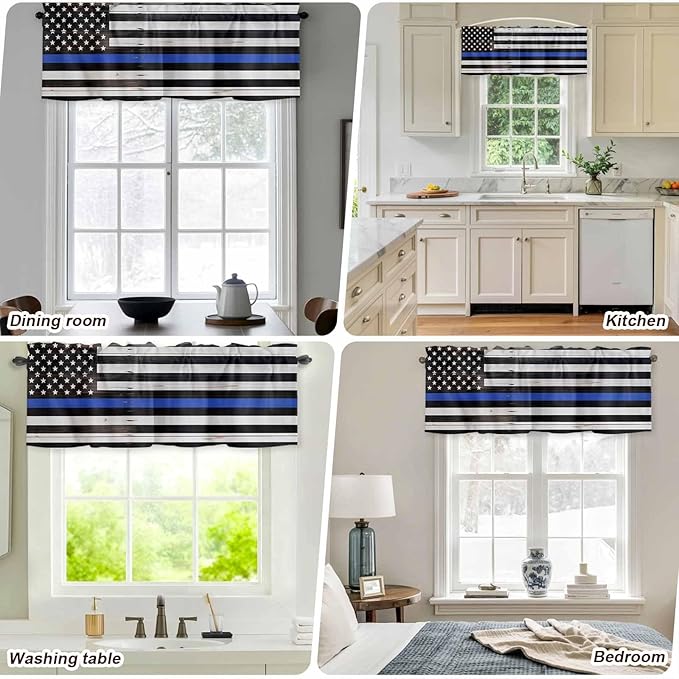 American Flag Valances for Windows, Blue Line Star Black White Stripes Wood Grain Kitchen Valance Light Filtering Rod Pocket Short Curtains for Kitchen Bathroom, 1 Panel, 42"x18"