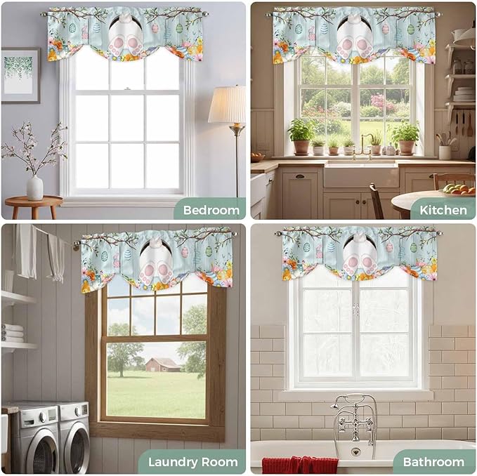 Easter Bunny Tie Up Valance Curtains for Windows, Kitchen Curtains Window Shades, Easter Eggs Spring Farmhouse Wood Grain Teal Blue Light Filtering Curtain Valances for Bedroom/Bathroom/Cafe 54"x18"