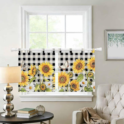 Sunflowers Kitchen Curtains 36 Inch Length, Small Window Curtains Tab Top, Yellow Flowers Butterfly Farmhouse Black Plaid Light Filtering Short Window Treatments Tier Drapes 27.5"x36" 2 Panel