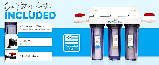 Whole House 3-Stage Water Filtration System, 3/4" port with 2 valves and extra 1 year filter supply (2 sets, 6 pcs)