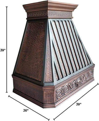 CT Copper Tailor Copper Vent Hood Wall Mount,36'' W,39''H, 610 CFM Exhaust Fan,Stainless Steel Vent,LED Light,Dishwasher-Safe Baffle Filters,Light Hammered-Medium Patina,VH14TA2L