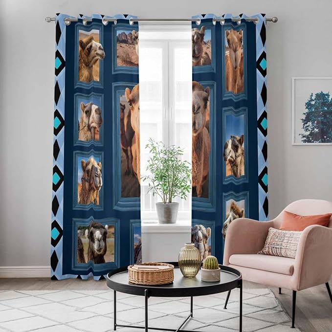 2 Panel Kitchen Cafe Curtains, Desert Camels Sunlight Filtering Nature Air Through, Home Decor Window Covering Tier Curtains for Living Room 104W x 90L inch Wildlife Brown Animals Blue Geometric