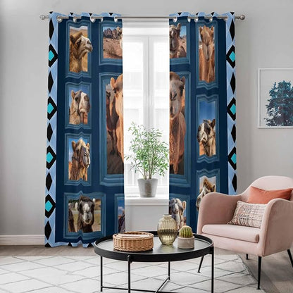 2 Panel Kitchen Cafe Curtains, Desert Camels Sunlight Filtering Nature Air Through, Home Decor Window Covering Tier Curtains for Living Room 104W x 90L inch Wildlife Brown Animals Blue Geometric