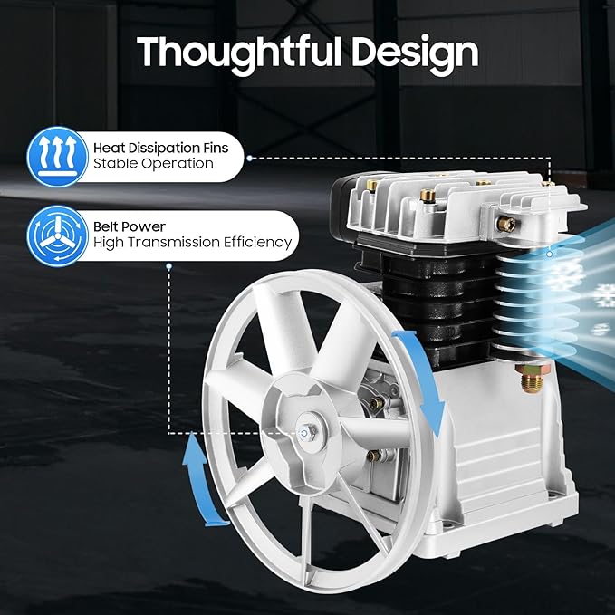 Air Compressor Pump Head, 3hp Air Compressor Pump-Head, 2200w Portable 66Gal/Min 10.24in Pulley Outer Diameter Aluminum Painting Transfer Pumps W/Air Filter Muffler, Extended Cylinder