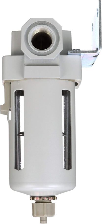 PneumaticPlus SAF400-N04B Compressed Air Particulate Filter 1/2" NPT, 10 Micron Element, Poly Bowl, Manual Drain, Bracket