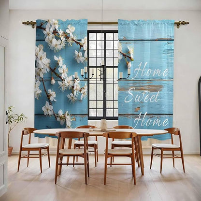 Farmhouse Wooden Grain Kitchen Curtains, Vintage Shabby Chic Flower Blue Light Filtering Window Curtain Panels, 2Pcs Rod Pocket Window Treatments Set for Living Room Bathroom Bedroom 52x72 Inches