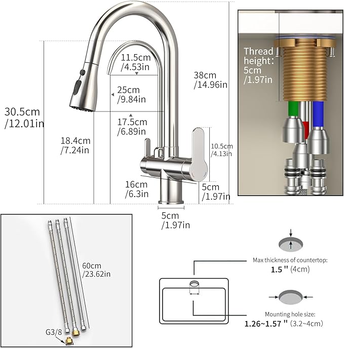 Kitchen Sink Faucet with Pull - Down Sprayer, 2 - Handle 3 - in - 1 Kitchen Sink Filter Faucet, Cold and Hot Mixer Drinking Water Faucet (3-in-1 Filter Faucet, Chrome)