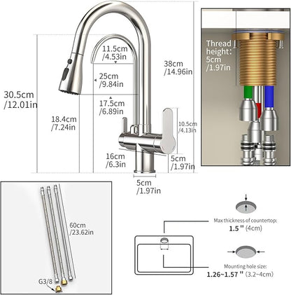 Kitchen Sink Faucet with Pull - Down Sprayer, 2 - Handle 3 - in - 1 Kitchen Sink Filter Faucet, Cold and Hot Mixer Drinking Water Faucet (3-in-1 Filter Faucet, Chrome)