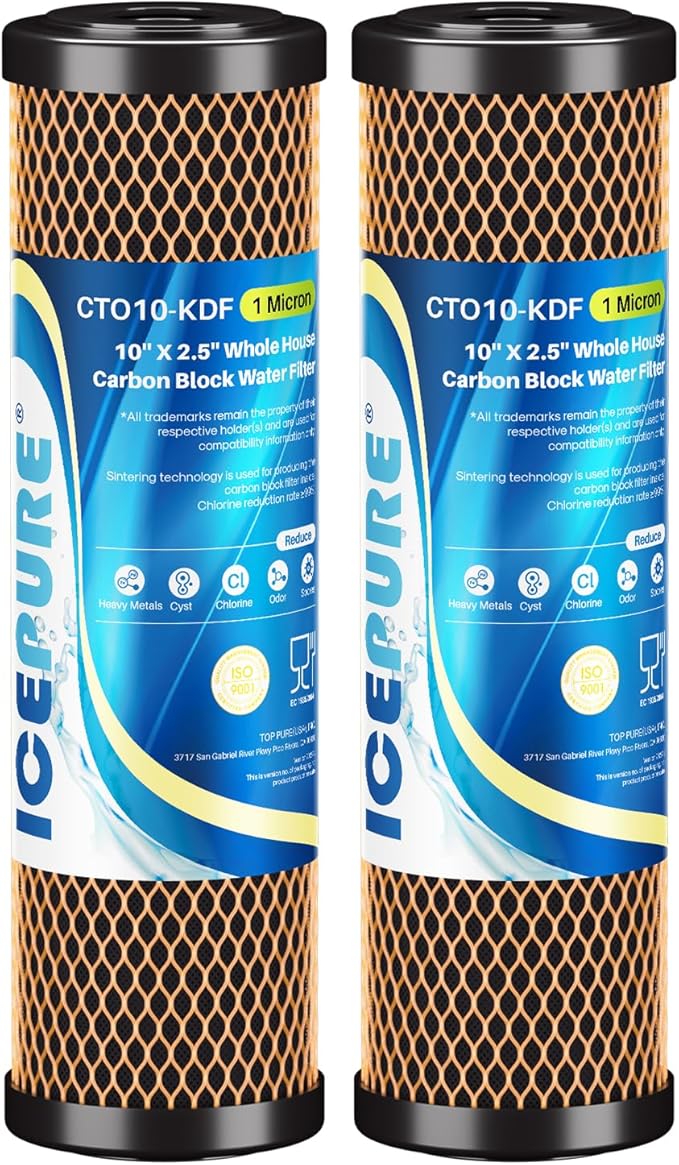 ICEPURE 1 Micron 2.5" x 10" Whole House Water Filter Coconut Shell Activated CTO Carbon and KDF Cartridge for Home, Compatible with WFPFC8002, WFPFC9001, FXWTC, SCWH-5, WHEF-WHWC, AMZN-SCWH-5, 2PACK