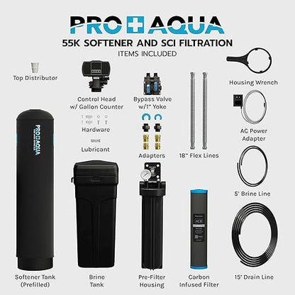 PRO+AQUA PRO-SCI-S55E Whole House Water Filter & Softener Bundle | 55,000 Grain Capacity | Removes Chlorine, Sediment, VOCs, Calcium & Magnesium | Ideal for 3–5 Bathrooms | High-Flow, Heavy-Duty