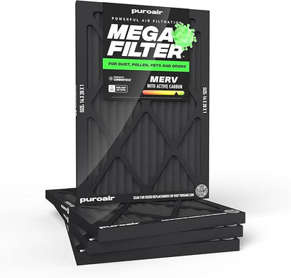 PuroAir MegaFilter - 14x20x1 Air Filter MERV 13 Activated CarbonTech Defense - Heavy Duty 3 Layer Furnace Filters Allergens, Pollen, Dust, Pet Dander, Smoke, Odors - HVAC Air Filter 14x20x1 (4-Pack)