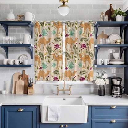 2 Panel Kitchen Cafe Curtains, Desert Camels Sunlight Filtering Nature Air Through, Home Decor Window Covering Tier Curtains for Living Room 104W x 84L inch Vintage Sand Animals Aloe Vera Leaves Beige