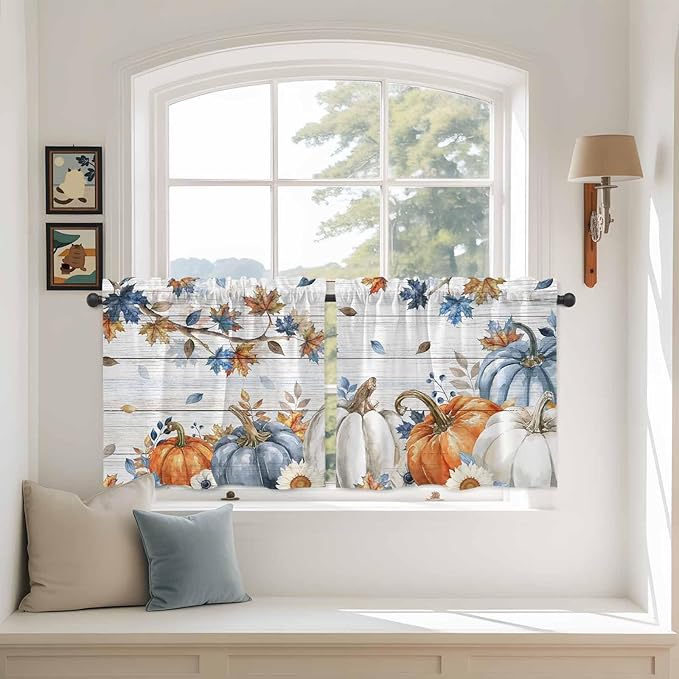 Thanksgiving Pumpkin Kitchen Tier Curtains 36 Inch Long 2 Panel Set,Rod Pocket Half Window Curtains Over Sink,Fall Maple Leaf Daisy Wooden Grain Short Drapes for Bathroom Cafe 27.5"W x 36"L