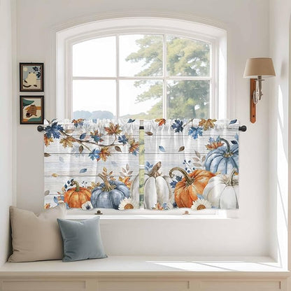 Thanksgiving Pumpkin Kitchen Tier Curtains 24 Inch Long 2 Panel Set,Rod Pocket Cafe Small Window Curtains Over Sink,Fall Maple Leaf Daisy Wooden Grain Short Drapes for Bathroom Cabinet 27.5"W x 24"L