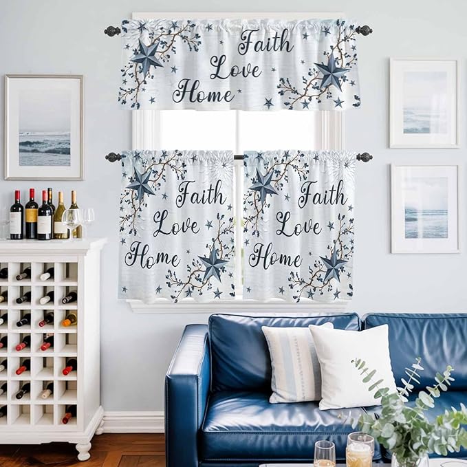 Kitchen Curtains Tiers and Valance Set of 3, Texas Star Country Light Filtering Window Curtain Set, Blue Farmhouse Branches Rod Pocket Curtain Drapes for Cafe, Living Room, 36 Inches Tiers