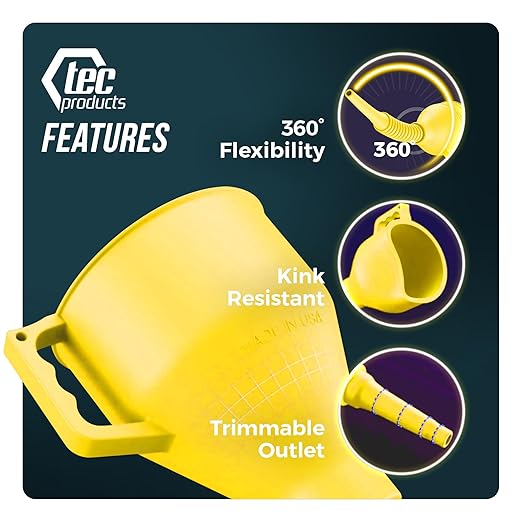 TEC Products FlexAll Long Flexible Funnels - Automotive Oil Funnel with Hose, Durable Nitrile Rubber for Oil Change, Transmission Funnel Fluid, Diesel, Fuel, Gas - Made in USA - Yellow (12 x 4 Inches)