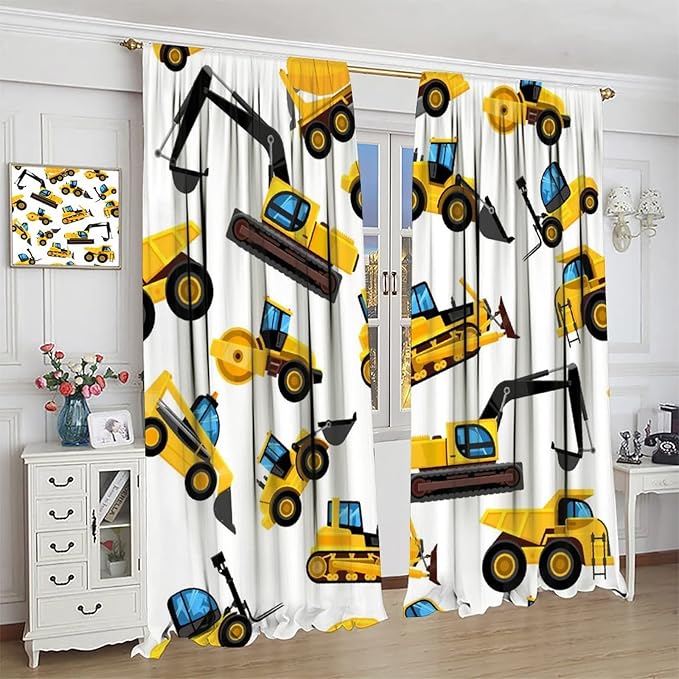 Kids Construction Equipment Window Curtains, Excavator Tractor Tow Truck Rod Pocket Decorative Windows Curtain for Children Teens Boys Girls Room Decor 84x84in (30% Blackout)