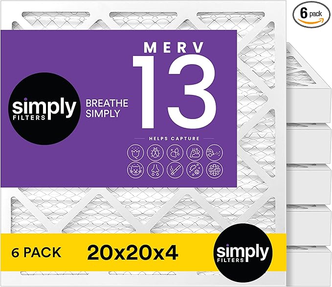 Simply 20x20x4 Air Filter, MERV 13, 6 Pack, Furnace Air Filter for HVAC (Actual Size:19.5"x19.5"x3.63") DUST, Pet, & Allergy Control