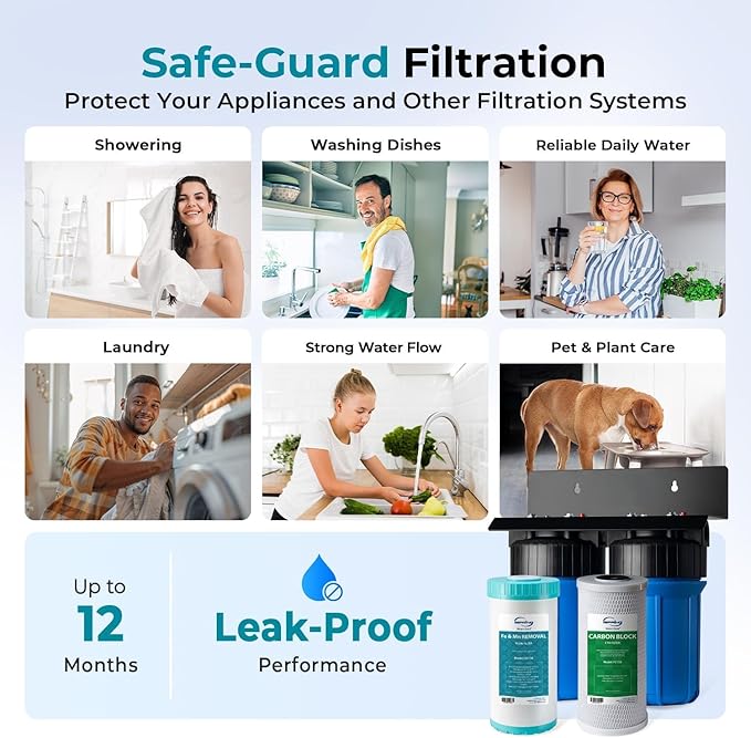 iSpring WGB21BM+AHPF12MNPT16X2 2-Stage Whole House Water Filtration System w/ 3/4'' Push-Fit Braided Stainless Steel Hose Connectors, Carbon Block and Iron & Manganese Reducing Filters