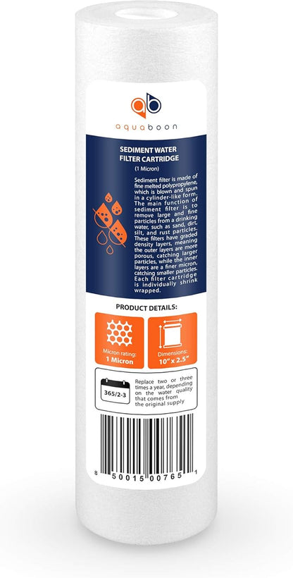 Aquaboon 10” x 2.5” Whole House and Reverse Osmosis Sediment 1 Micron Water Filter Cartridge | COMPATIBLE WITH: Culligan P1, Pentek P1, PD-1-934, P5, AP110, WFPFC5002, CFS110, RS14, WHKF-GD05 (4-PACK)