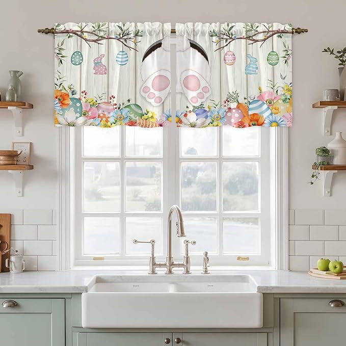 Easter Kitchen Tier Curtains 24 Inch Long 2 Panel Set,Rod Pocket Cafe Small Window Curtains Over Sink,Spring Farmhouse Watercolor Bunny Eggs Wood Grain Light Filtering Short Drapes 27.5"W x 24"L