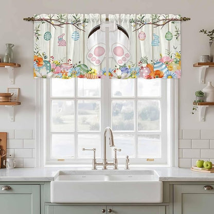 Easter Kitchen Tier Curtains 24 Inch Long 2 Panel Set,Rod Pocket Cafe Small Window Curtains Over Sink,Spring Farmhouse Watercolor Bunny Eggs Wood Grain Light Filtering Short Drapes 27.5"W x 24"L