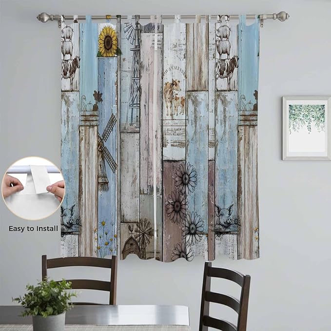 Blue Grey Wooden Living Room Curtains 84 Inch Length, Window Curtains Tab Top, Farmhouse Barn Sunflowers Retro Light Filtering Window Treatments Drapes 52"x84" 2 Panel