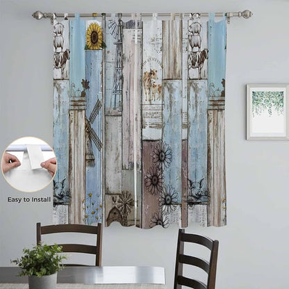 Blue Grey Wooden Living Room Curtains 96 Inch Length, Window Curtains Tab Top, Farmhouse Barn Sunflowers Retro Light Filtering Window Treatments Drapes 52"x96" 2 Panel