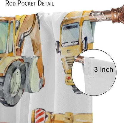 Kids Excavator Curtains, Retro Truck Tractor Machinery Construction Vehicle Crane Digger Mixer Rod Pocket Decorative Windows Curtain for Teens Girls Boys Room 52x84in (30% Blackout)