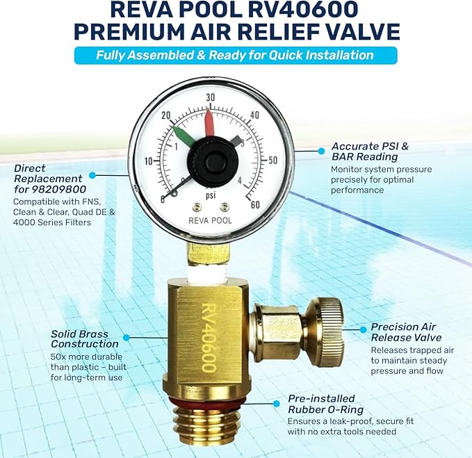 RV40600 (98209800) Brass Air Relief Valve | Compatible with Pool Filter Systems - FNS, Clean and Clear, Quad DE, 4000 Series Filters I Essential Pool Maintenance Accessory, Yellow/Black