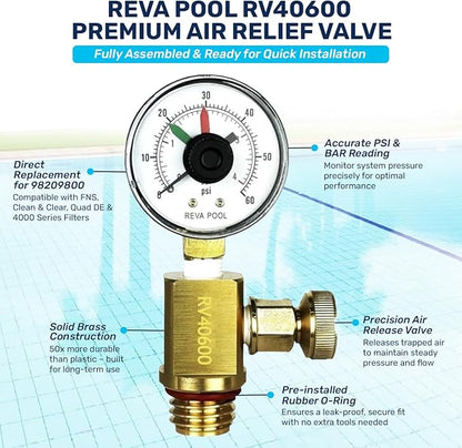 RV40600 (98209800) Brass Air Relief Valve | Compatible with Pool Filter Systems - FNS, Clean and Clear, Quad DE, 4000 Series Filters I Essential Pool Maintenance Accessory, Yellow/Black