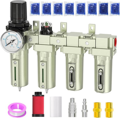 Industrial Grade 4-Stage Air Drying System, 3/4" NPT with Manual Drain, Desiccant Dryer, air Regulator, Particulate Filter and Coalescing Filter for Paint Spray, Plasma Cutter