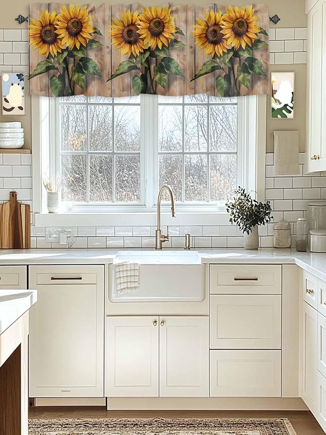 Kitchen Valances for Window, Watercolor Sunflower Retro Board Light Filtering Rod Pocket Valance Curtain, Farm Brown Wood Grain Short Curtains Window Topper for Bedroom Bathroom Living Room 42x12in